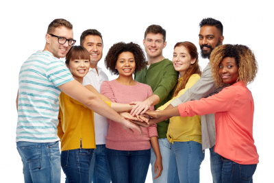 group of young man and woman putting their hands on top of each other